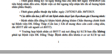 THÔNG BÁO Chương trình phẫu thuật thay khớp trên địa bàn tỉnh Đồng Tháp từ nguồn đóng góp từ thiện của các chuyên gia Tổ chức Operation Walk Florida (Hoa Kỳ) năm 2025 THÔNG BÁO Chương trình phẫu thuật thay khớp trên địa bàn tỉnh Đồng Tháp từ nguồn đóng góp từ thiện của các chuyên gia Tổ chức Operation Walk Florida (Hoa Kỳ) năm 2025