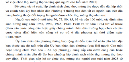 THÔNG BÁO Về việc rà soát, lập danh sách chúc thọ, mừng thọ người cao tuổi năm 2025 THÔNG BÁO Về việc rà soát, lập danh sách chúc thọ, mừng thọ người cao tuổi năm 2025